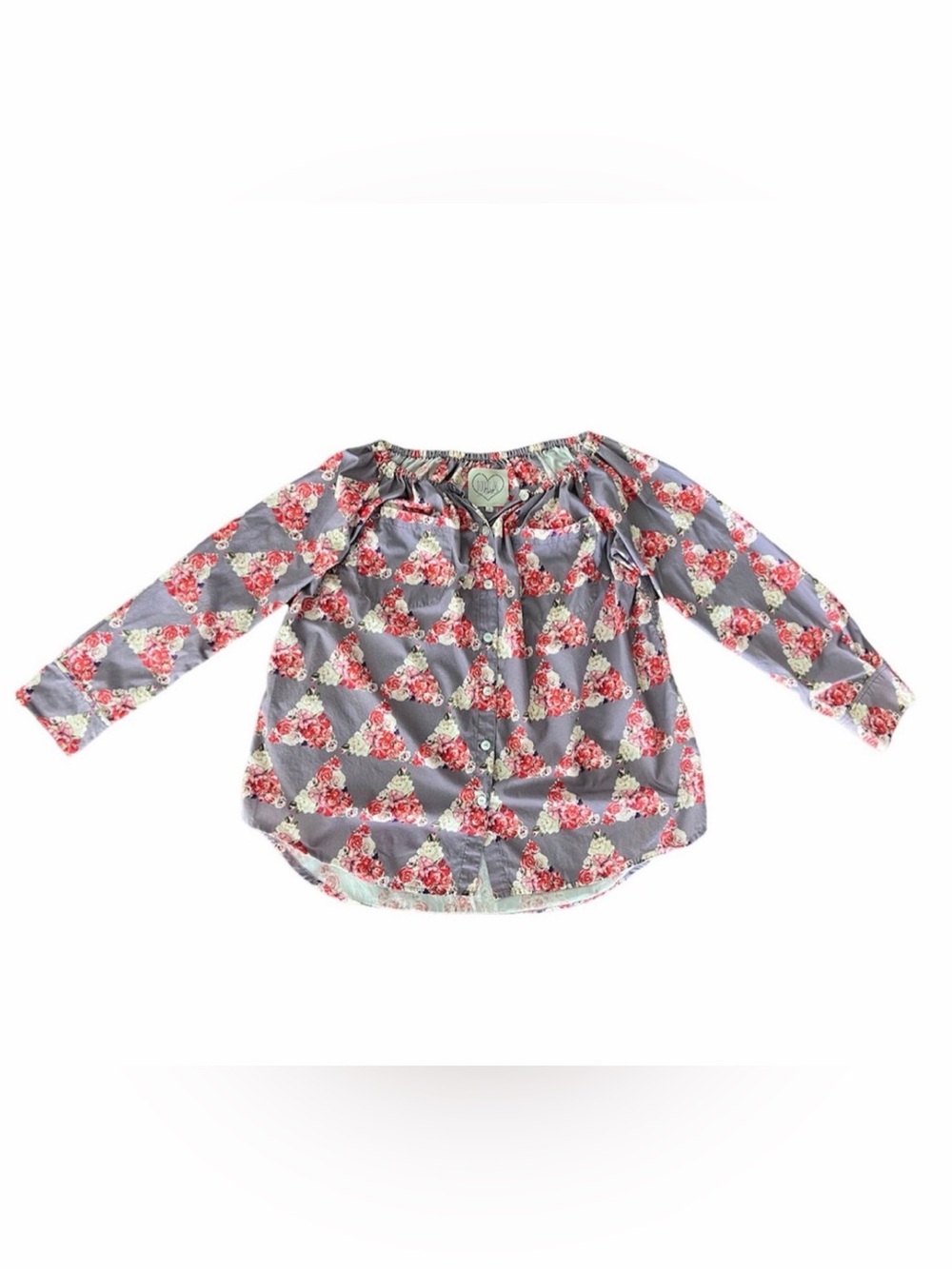 Hula Tease Women’s Small Purple Pink Rose Floral Geometric 3/4 Sleeve Blouse